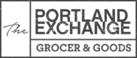 This image contains the logo of "The Portland Exchange Grocer & Goods," featuring stylized text in black against a white background.