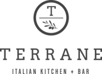 The image shows a logo for "TERRANE ITALIAN KITCHEN + BAR" featuring a circular emblem with a "T" and a leaf inside.